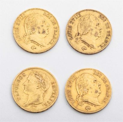 null 4 pièces de 40 Francs OR, Louis XVIII : 1817 A (Paris) et 1818 W (Lille) (2)...