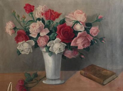 null Ecole du XXe siècle
Bouquet de roses au missel.
huile sur toile monogrammée...