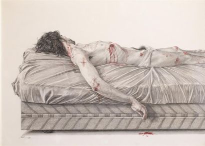 null Mall Fred (1948-)
Le dernier voyage, homme ensanglanté allongé sur un lit
Encre...