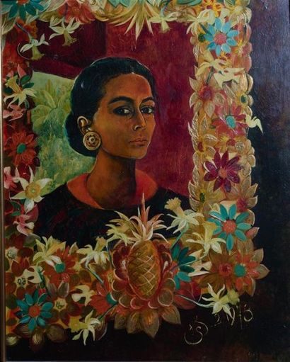 null SIKRE Janine (XXème)
Portrait de jeune femme dans un encadrement de fleurs et...