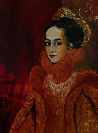 null SIKRE Janine (XXème)
Portrait de jeune femme à la collerette orange et couronne...