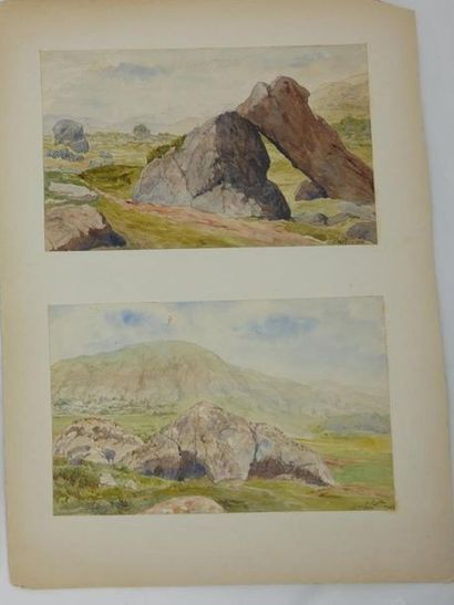 null A. BALLUS (XXème)
Le Mont Dore 1923 
Deux aquarelles sur papier collé sur carton
Signées,...