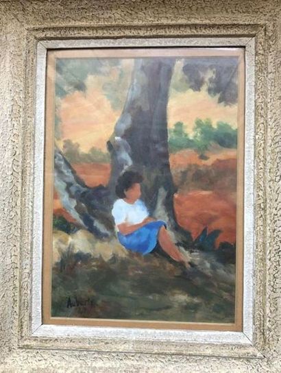 null AUBERT (XXème siècle) 
"Jeune femme assise contre un arbre"
Gouache sur papier,...