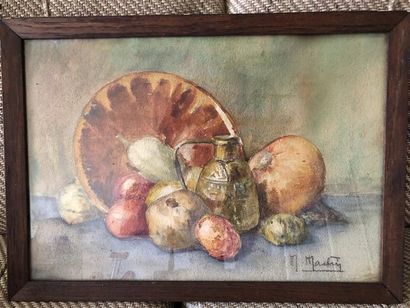 null M.MARTIN (XXème siècle)
"nature morte aux pommes"
Aquarelle sur papier, sous...