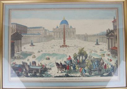 null Gravure polychrome "Vue extérieure de St Pierre de Rome" 
Titrée en son centre
XIXème...