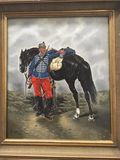 null A. JULIENNE (XIXème)
Huile sur panneau
Hussard et son cheval 
Signée et datée...