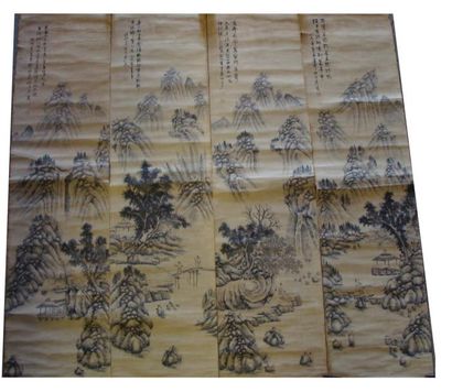 CHINE - XXème siècle Quatre peintures en hauteur sur papier, représentant des paysages....