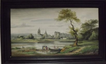 Gustave NOEL  (1823-1895) Vue de Blois. Exceptionnelle plaque en faïence signée en...