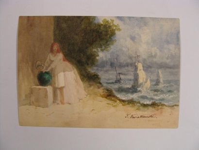 Teofil KWIATKOWSKI (1809-1891) femme puisant de l'eau. Aquarelle sur papier. Signé...