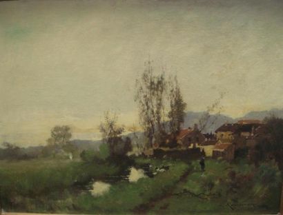 Eugène GALIEN-LALOUE (1854-1941) Entrée d'un village. Huile sur toile. Signé en bas...