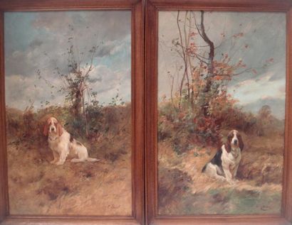 GEORGES HENRI FAUVEL (1890-?) Chien de chasse assis. Deux huiles sur toile en pendant....