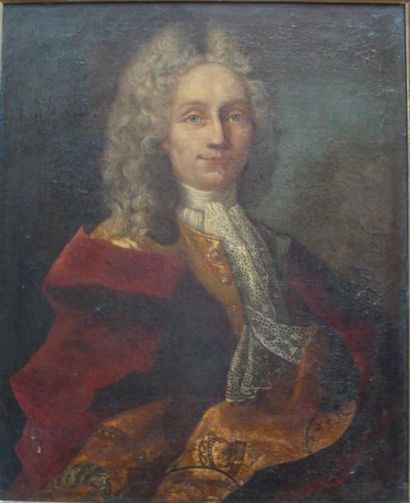 ECOLE FRANCAISE VERS 1730 Portrait d?homme au manteau rouge. Huile sur toile. 74...