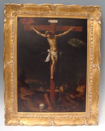 Ecole FLAMANDE vers 1610 La Crucifixion. Huile sur panneau de chêne, deux planches,...