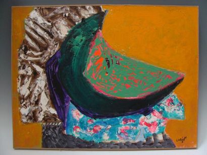 Bernard LORJOU (1908-1986) Nature morte à la pastèque verte. Huile et collage sur...