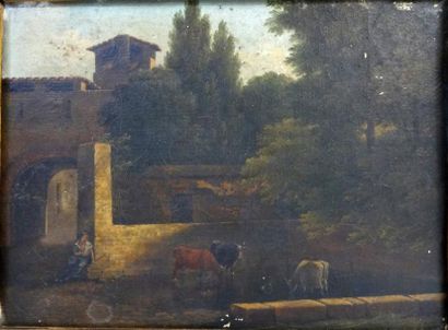 Attribué à Jean Victor BERTIN (1767 - 1842) Paysage avec des vaches à l'abreuvoir....