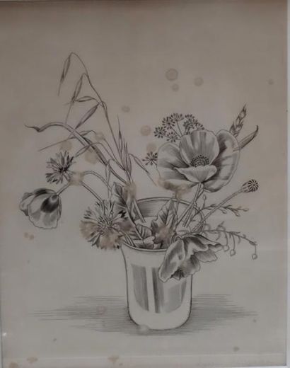 Kiyoshi Hasegawa (1891-1980) Fleurs des champs dans un vase. Pointe sèche signée...