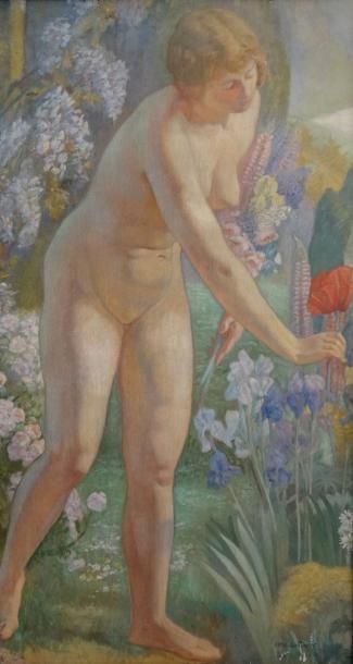 Octave GUILLONNET (1872-1967) Nu cueillant des fleurs. Huile sur toile marouflé sur...