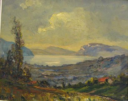Francis CARIFA (1890-1975) Le lac du Bourget au crépuscule. Huile sur panneau. Signé...