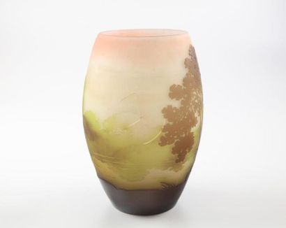 GALLE GALLÉ
Vase de forme ovoïde en verre givré à décor multicouche d'un paysage...