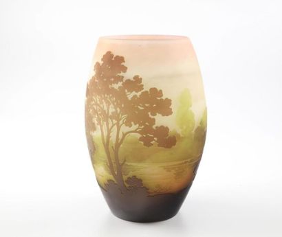 GALLE GALLÉ
Vase de forme ovoïde en verre givré à décor multicouche d'un paysage...