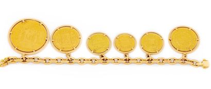 GOURMETTE Yellow gold bracelet decorated with a piece of 100 gold Francs, 10 gold...