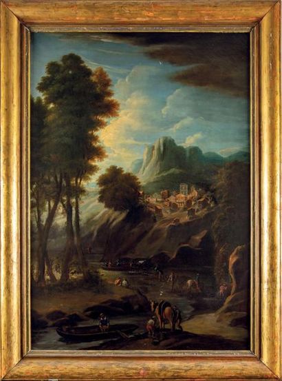 Ecole française du XVIIIè FRENCH SCHOOL of the 18th
Cavaliers in a mountain landscape
Oil...