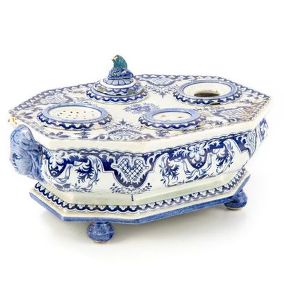 ROUEN ROUEN Earthenware
inkwell with blue and white decoration of 18th century m...