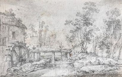 Dominique PERGAUT Dominique PERGAUT (1729-1808) attribué à 
Paysage au moulin
Dessin...