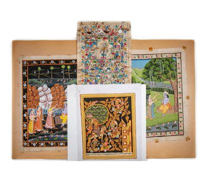 null Two large miniatures in silk representing palace
scenes Indian
work 48 x 35...