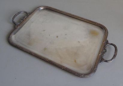 null Small rectangular serving tray in silver plated metal. The border and side handles...