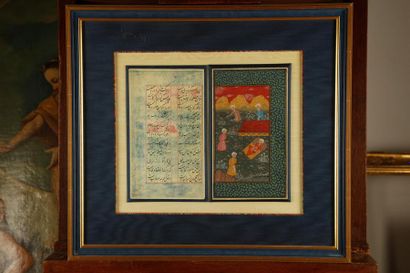 null Two Persian miniatures depicting weight scales in a garden accompanied by pages...