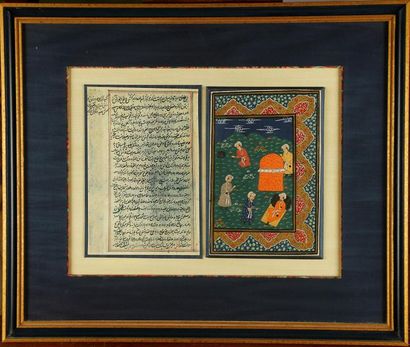 null Two Persian miniatures depicting weight scales in a garden accompanied by pages...