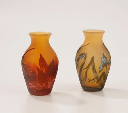 GALLE GALLÉ genre de 
Deux petits vases en pate de verre à décor multicouches de...