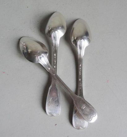 null Two moulded silver spoons with nets and contours engraved with armories (erased)...