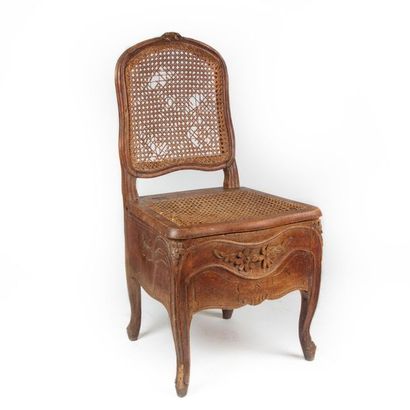 null Drilled chair in natural wood scouted with flowers, wickerwork upholstery Louis...