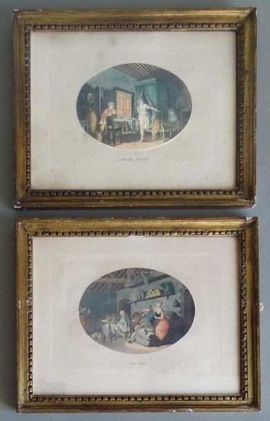 null Pair of colour engravings representing gallant scenes in tondo in the style...