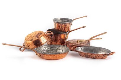 null Set of 6 pans, copper doll pans.