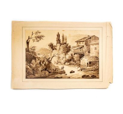 null Early 19th century FRENCH school
House on the riverbank
Ink wash on paper pasted
25.5...