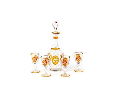 null Liqueur decanter and four small stemmed glass glasses with an orange lined motif...