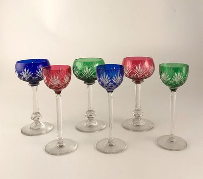 null Bohemian crystal stemware set cut and lined in pink, blue and green colors including...