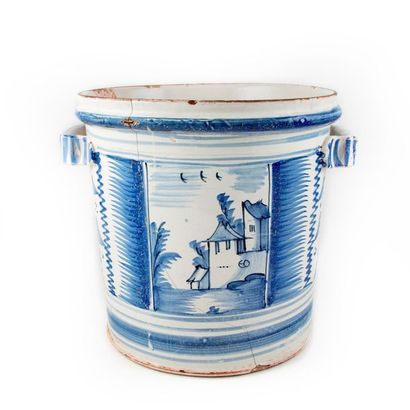 NEVERS NEVERS
Earthenware pot cover with blue and white decoration of houses and...