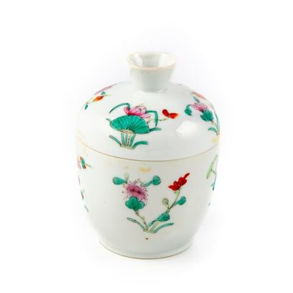 null CHINA XXth
Covered pot with water lily decoration
H.: 13 cm
Fèle