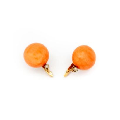 null Pair of earrings set in gold and adorned with angel skin coral pellets. Circa...