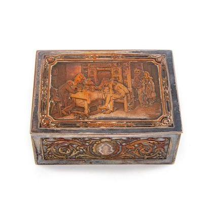 null Silver plated copper box chiselled with a Breton interior scene entitled "Les...