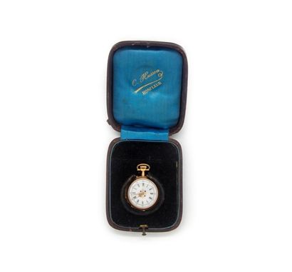 null Yellow gold neck watch with enamelled dial, Roman numerals adorned with small...