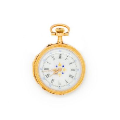 null Yellow gold neck watch with enamelled dial, Roman numerals adorned with small...