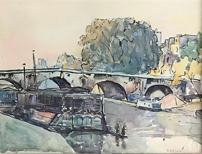 null Pierre VILLAIN (1880-1950)
Vue du Pont Neuf à Paris
Aquarelle 
Signé en bas...