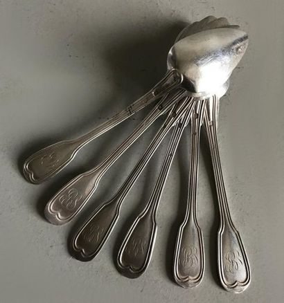 null Set of six small silver spoons. Threaded and contoured model. Figures (one slightly...