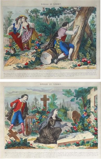 null Two pictures of Épinal illustrating the novel by M. le chevalier de Florian...