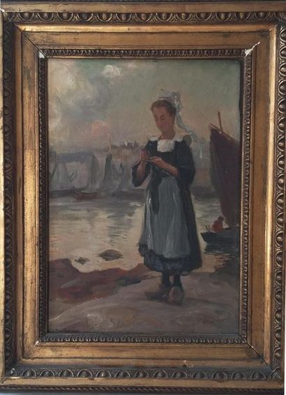 null Alfred Victor FOURNIER (1872-1924)
Small Breton knitter
Oil on panel 
Signed...